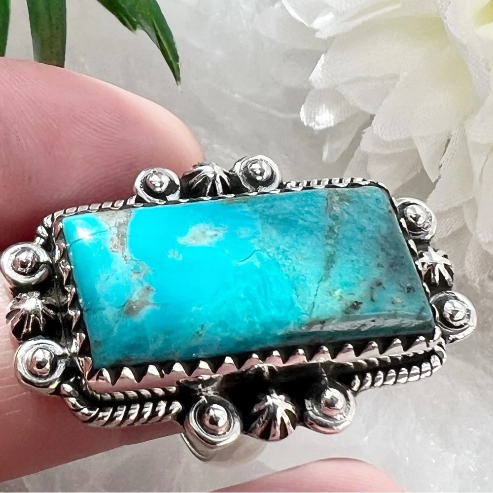 Genuine Mohave Turquoise Ring Size 8 Solid Sterling Silver 925 Native Southwest - Picture 4 of 10
